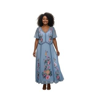 Sundance Catalog Outlet Floral Embroidered Maxi Dress Blue XXL